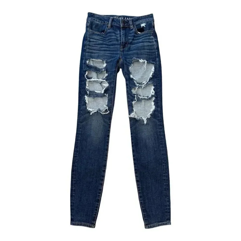 American Eagle Women's High Rise Distressed Jeggings Size 2 Blue Dark Wash‎